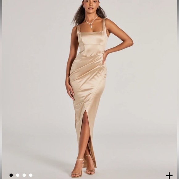 Windsor Dress Women Medium Maxi Midi Gold Satin Ruched Slit Front Wide Straps KK - Picture 1 of 9